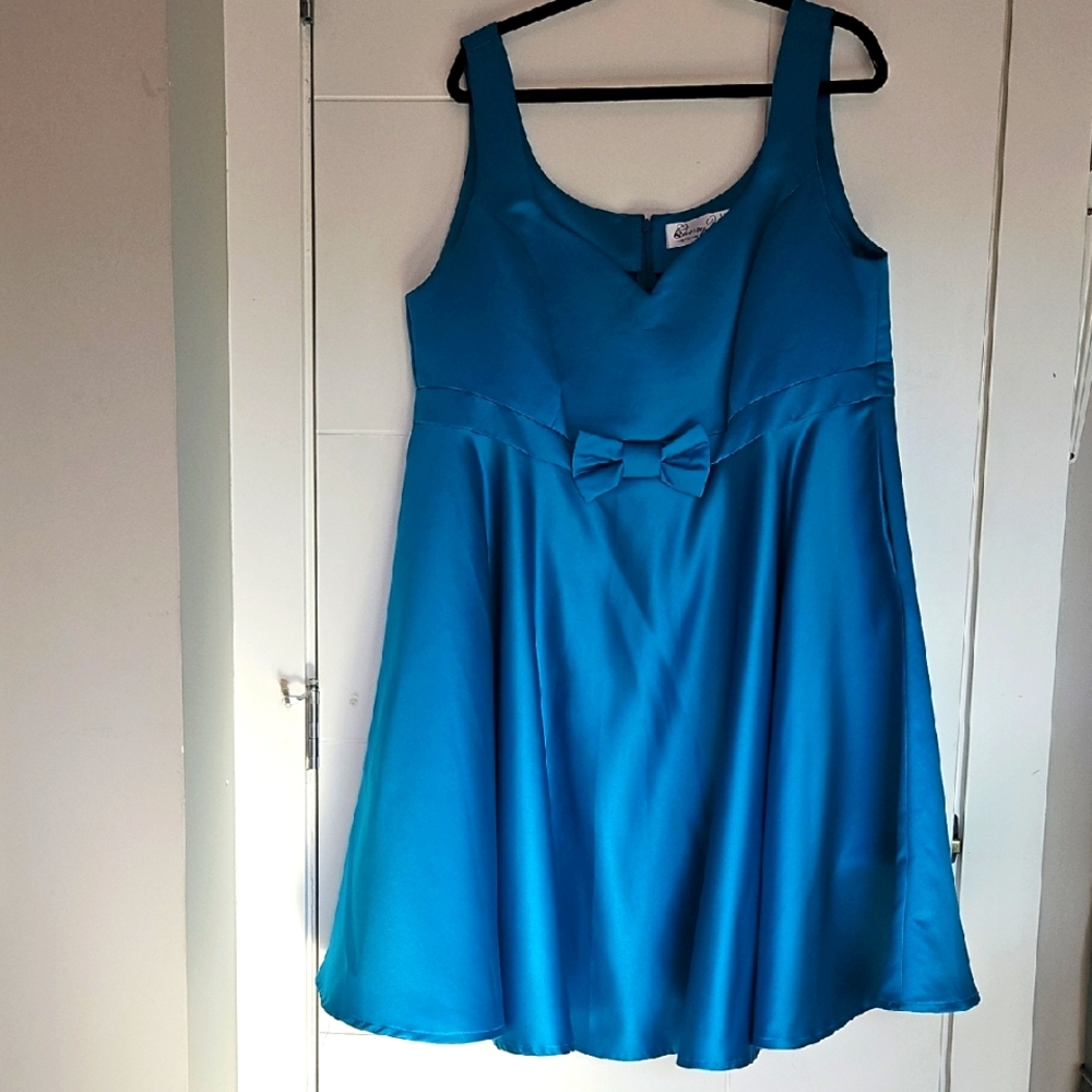 Cherry Velvet Tourquise Sleeveless Dress with Bow